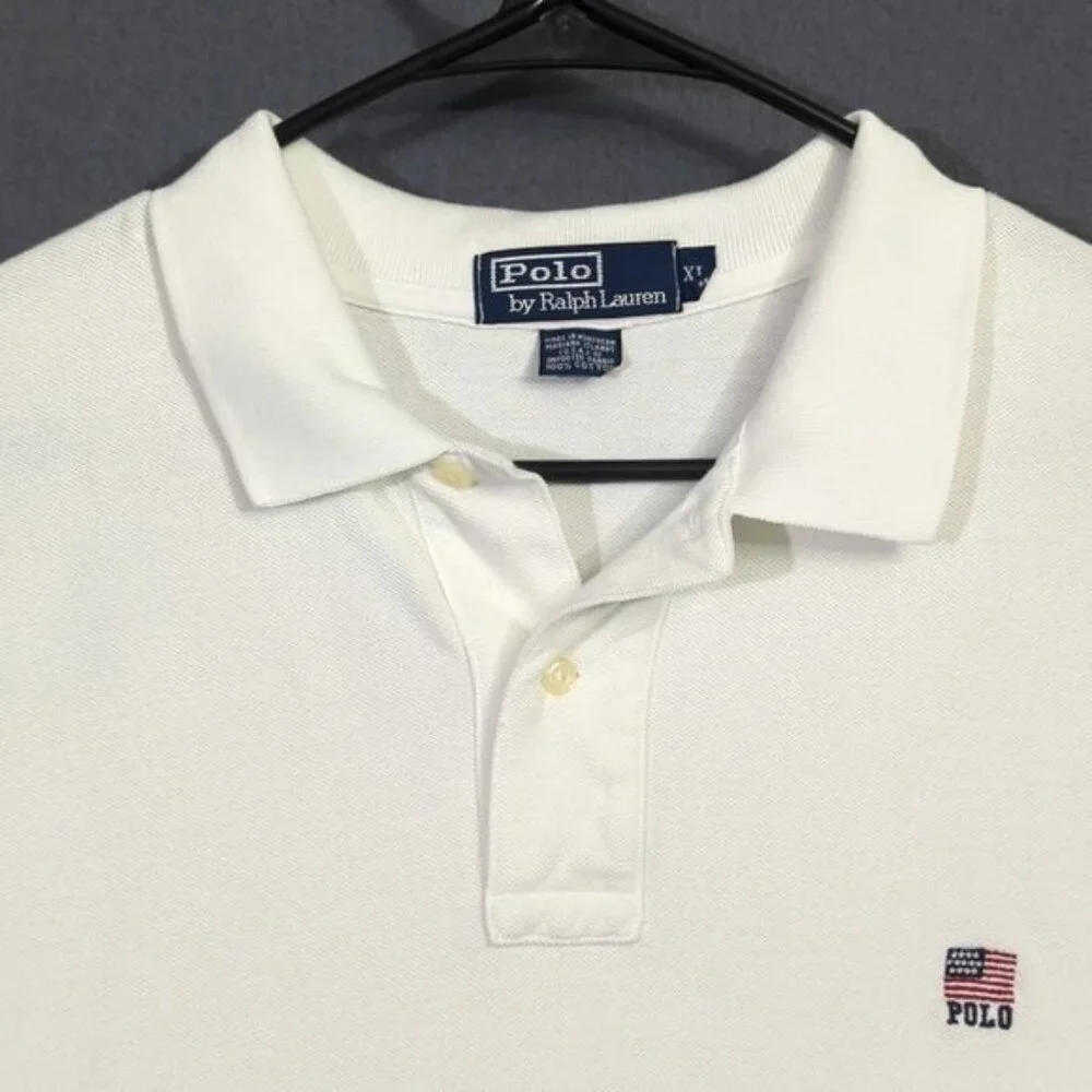 Polo Ralph Lauren Shirt Men's XL White Polo Flag Short Sleeve Preppy Made In USA